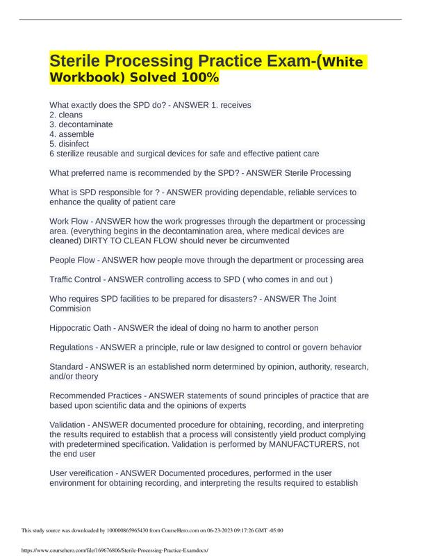 Sterile Processing Practice Exam(WhiteWorkbook) Solved 100