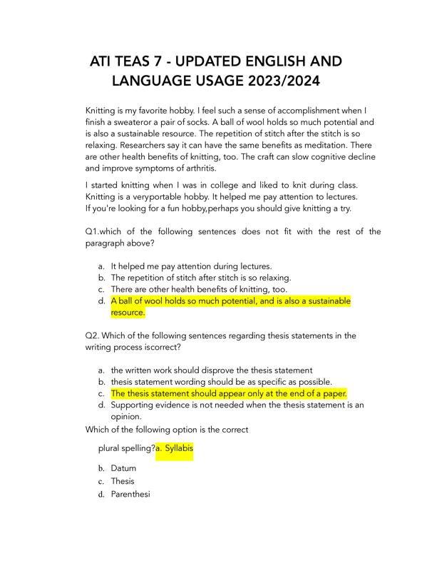 ATI TEAS 7 - UPDATED ENGLISH AND LANGUAGE USAGE 2023/2024
