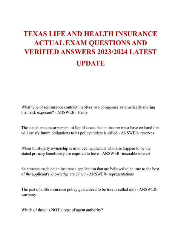 TEXAS LIFE AND HEALTH INSURANCE ACTUAL EXAM QUESTIONS AND VERIFIED