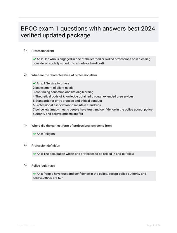 BPOC Exam 1 Questions With Answers Best 2024 Verified Updated Package