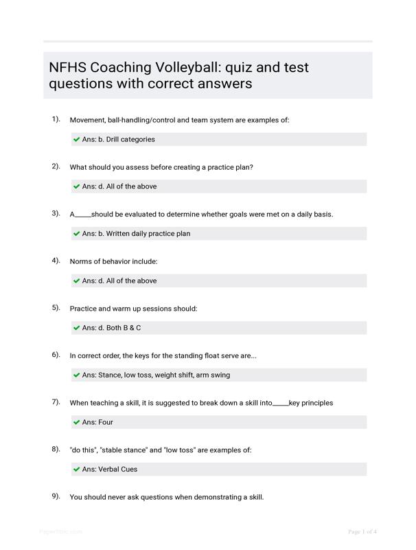 NFHS Coaching Volleyball Quiz And Test Questions With Correct Answers