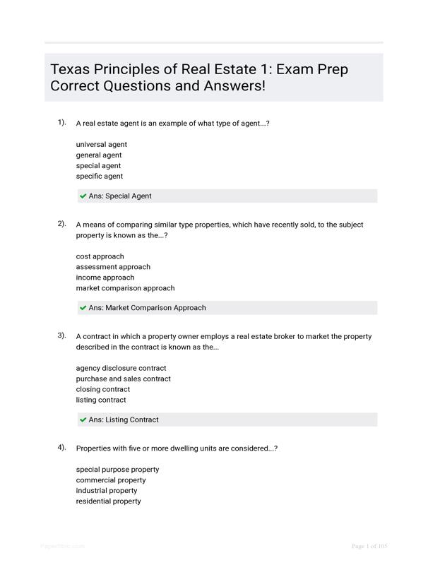 Texas Principles Of Real Estate 1 Exam Prep Correct Questions And Answers!