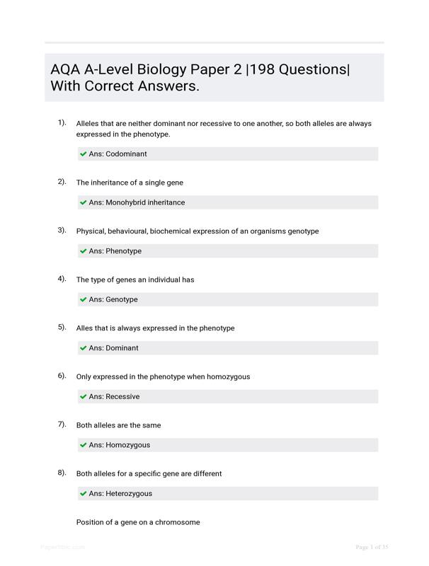 Aqa A Level Biology Paper 2 198 Correctly Answered Questions Latest Update Aqa A Level Biology Paper 2 198 Correctly Answered Questions Latest Update