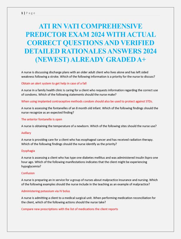 ATI RN VATI COMPREHENSIVE PREDICTOR EXAM 2024 WITH ACTUAL CORRECT