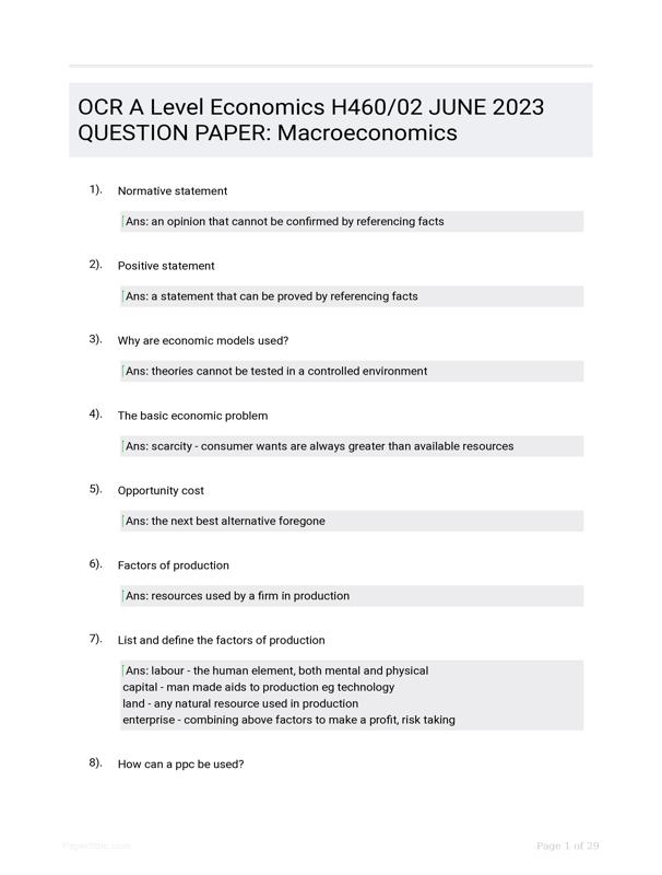 OCR A Level Economics H460/02 JUNE 2023 QUESTION PAPER: Macroeconomics