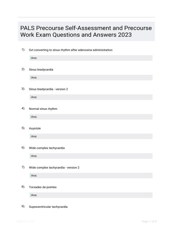 Pals precourse self assessment and precourse work exam questions and