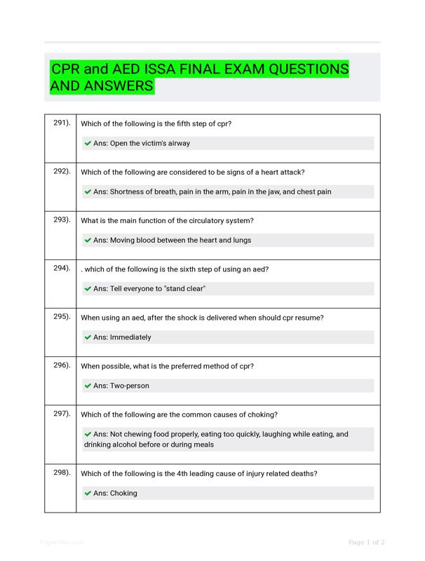 CPR And AED ISSA FINAL EXAM QUESTIONS AND ANSWERS
