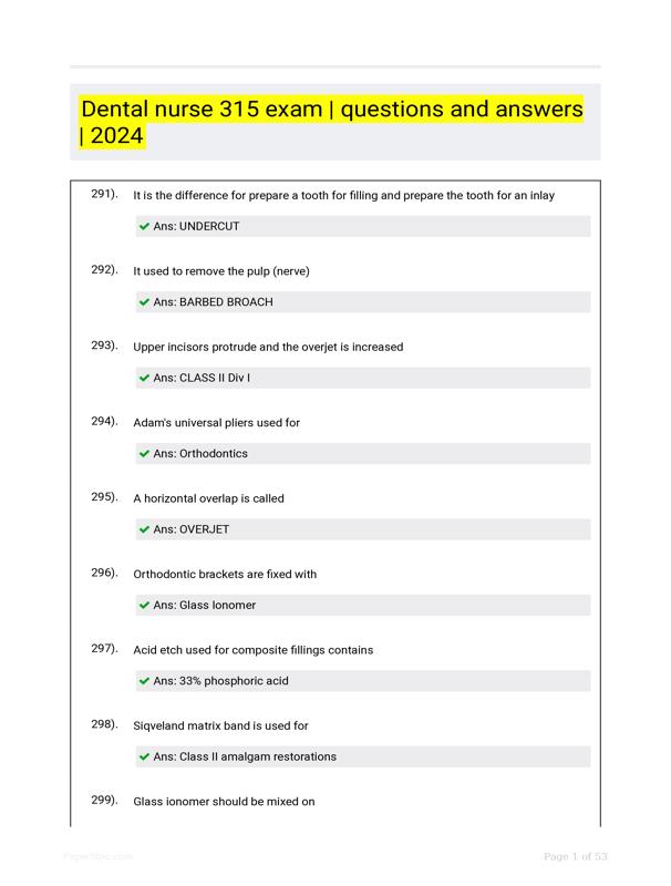 Dental Nurse 315 Exam | Questions And Answers | 2024