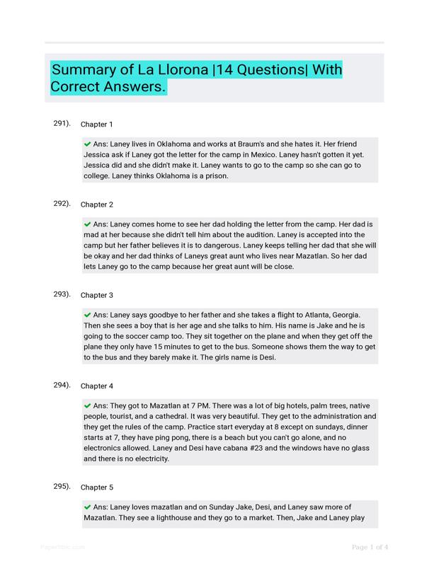 Summary Of La Llorona 14 Questions With Correct Answers.