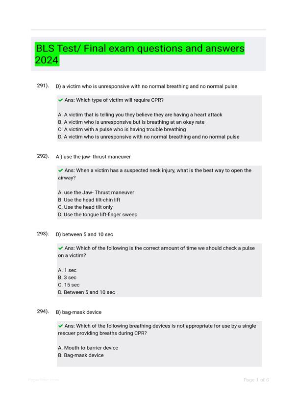 BLS Test/ Final Exam Questions And Answers 2024