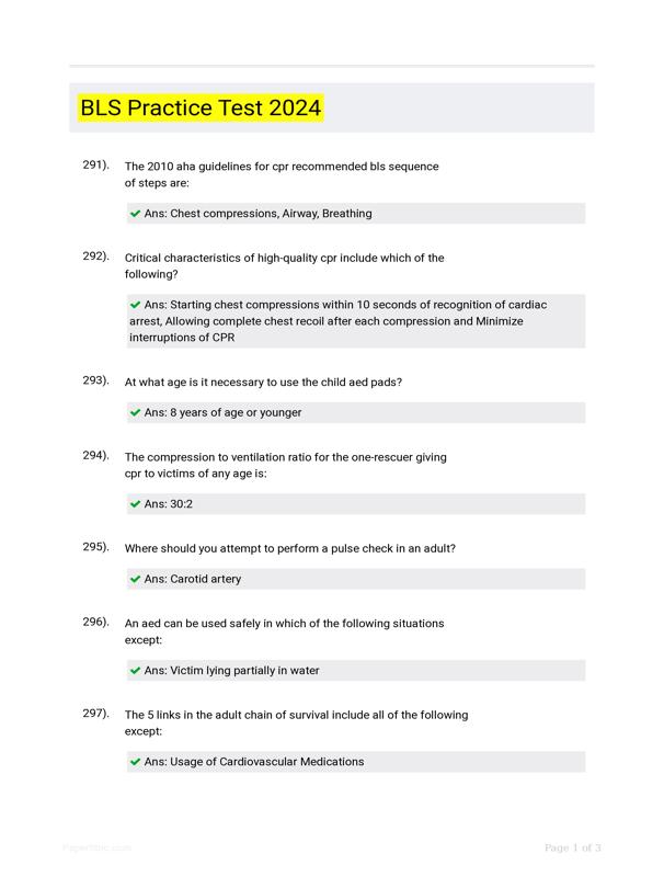 Bls Practice Test Study Guide Questions And Correct Answers Bls Practice Test Study Guide Questions And Correct Answers