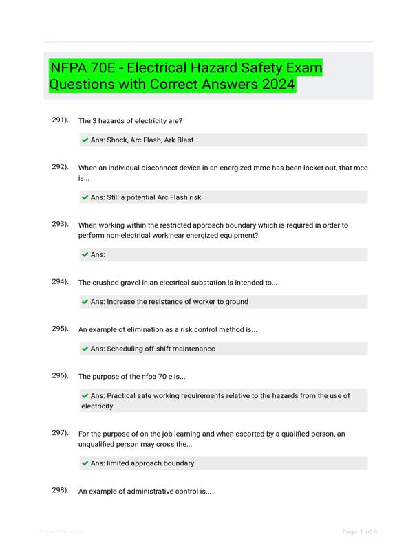 NFPA 70E Electrical Hazard Safety Exam Questions With Correct Answers 2024