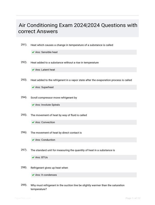 Air Conditioning Exam 20242024 Questions With Correct Answers