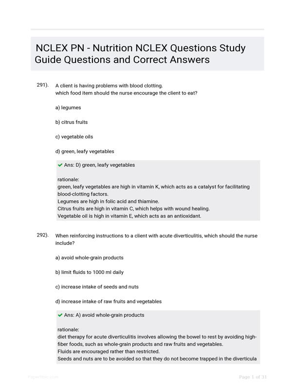 NCLEX PN Nutrition NCLEX Questions Study Guide Questions And Correct
