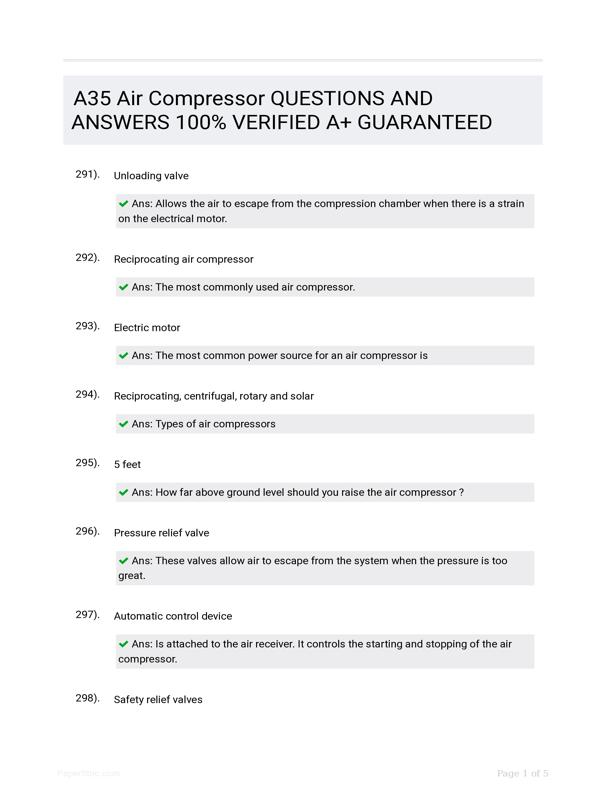 A35 Air Compressor QUESTIONS AND ANSWERS 100 VERIFIED A+ GUARANTEED