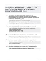 Biology AQA AS level7401/1 Paper 1 EXAM QUESTIONS (24 TERMS) WITH VERIFIED DEFINITIONS UPDATED 2024
