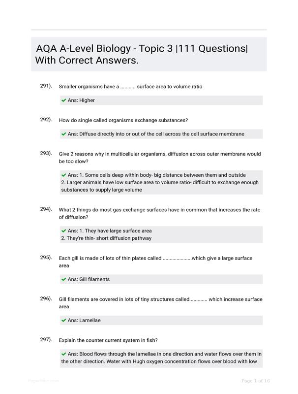 AQA A-Level Biology - Topic 3 |111 Questions| With Correct Answers.