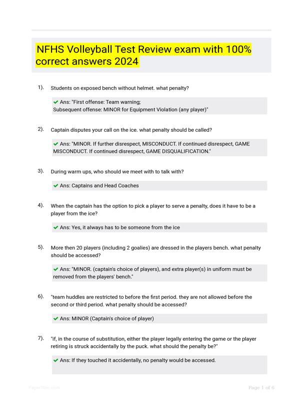 NFHS Volleyball Test Review Exam With 100% Correct Answers 2024