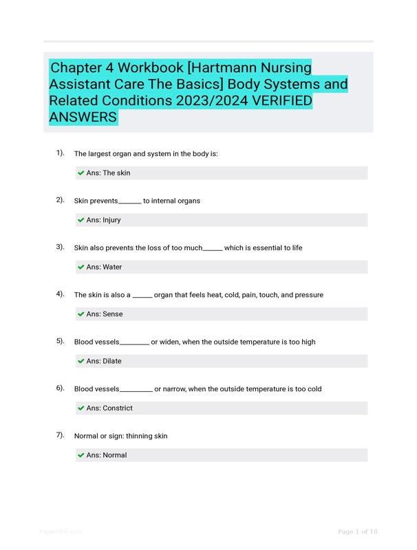 Chapter 4 Workbook [Hartmann Nursing Assistant Care The Basics] Body ...