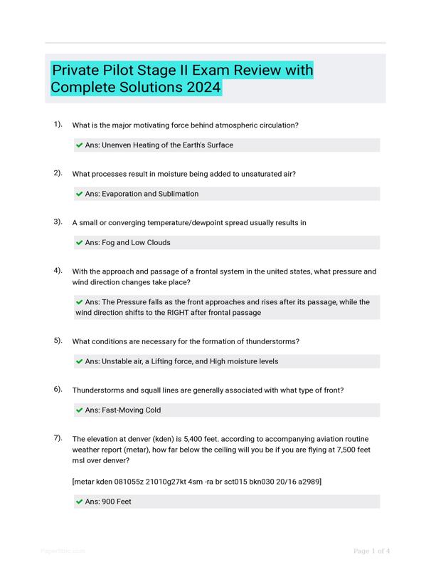 Private Pilot Stage II Exam Review With Complete Solutions 2024