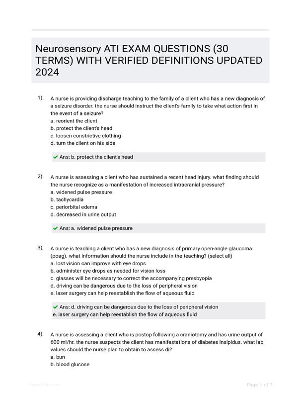 Neurosensory ATI EXAM QUESTIONS (30 TERMS) WITH VERIFIED DEFINITIONS ...