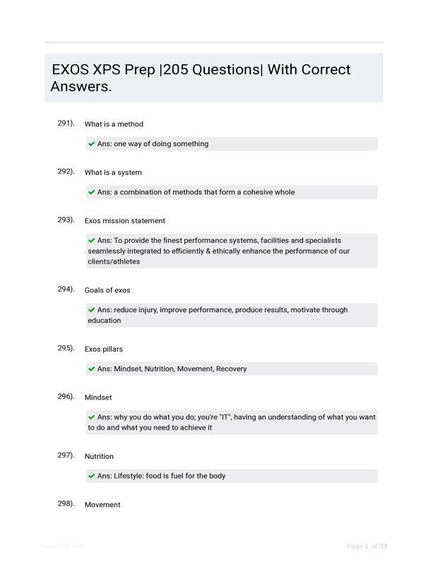 EXOS XPS Prep 205 Questions With Correct Answers.
