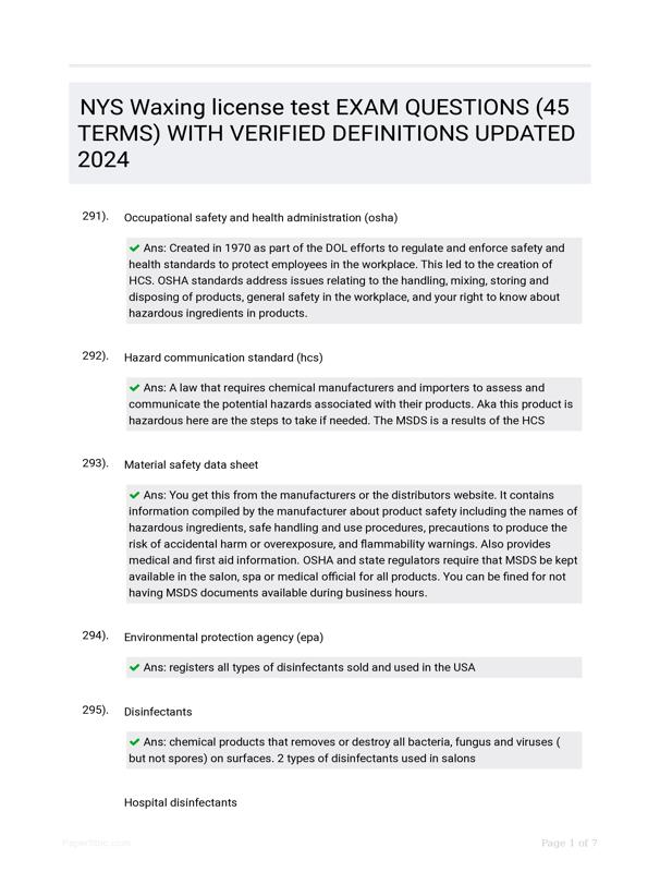 NYS Waxing License Test EXAM QUESTIONS (45 TERMS) WITH VERIFIED