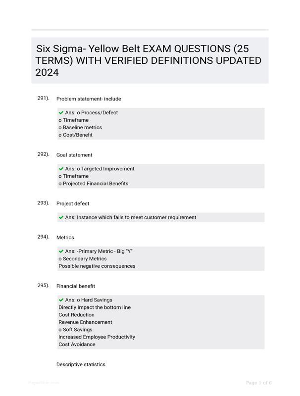 Six sigma yellow belt exam questions 25 terms with verified