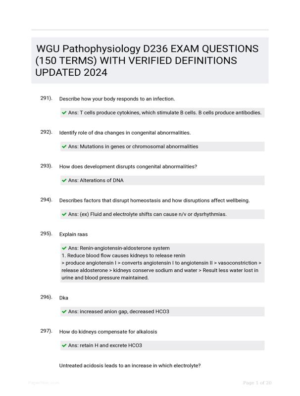 WGU Pathophysiology D236 EXAM QUESTIONS (150 TERMS) WITH VERIFIED ...
