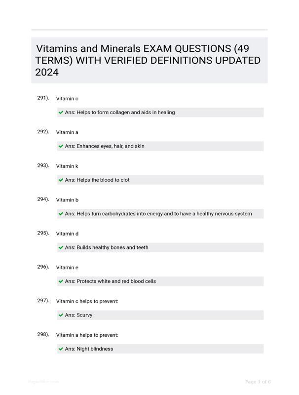Vitamins And Minerals EXAM QUESTIONS (49 TERMS) WITH VERIFIED