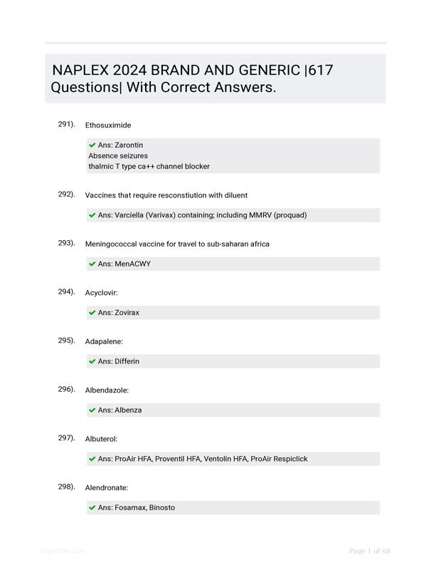 Naplex Questions Types NAPLEX 2024 BRAND AND GENERIC |617 Questions| With Correct Answers.