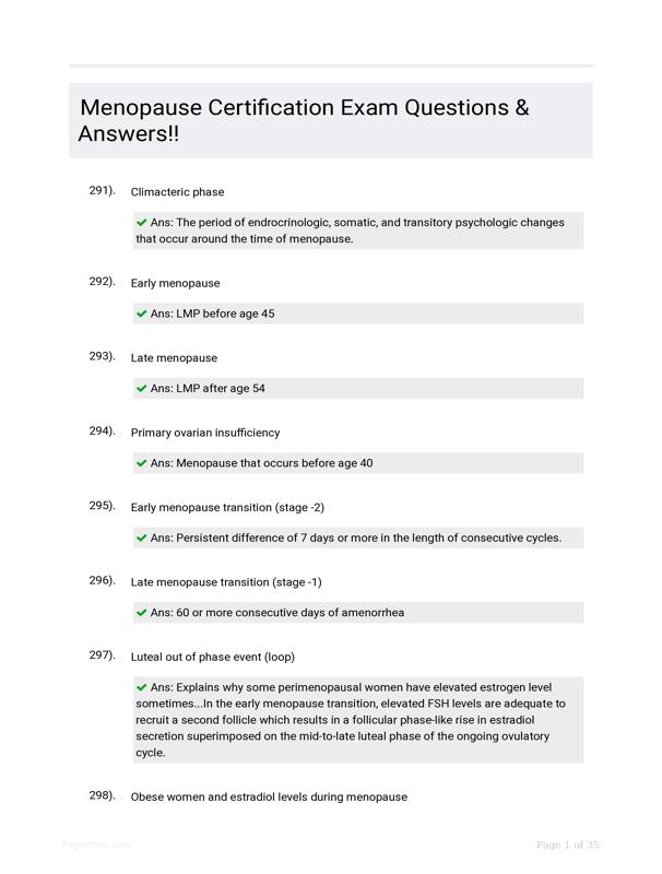 Menopause Certification Exam Questions & Answers!!