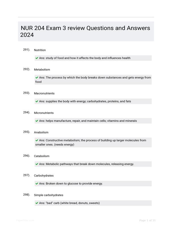 NUR 204 Exam 3 Review Questions And Answers 2024