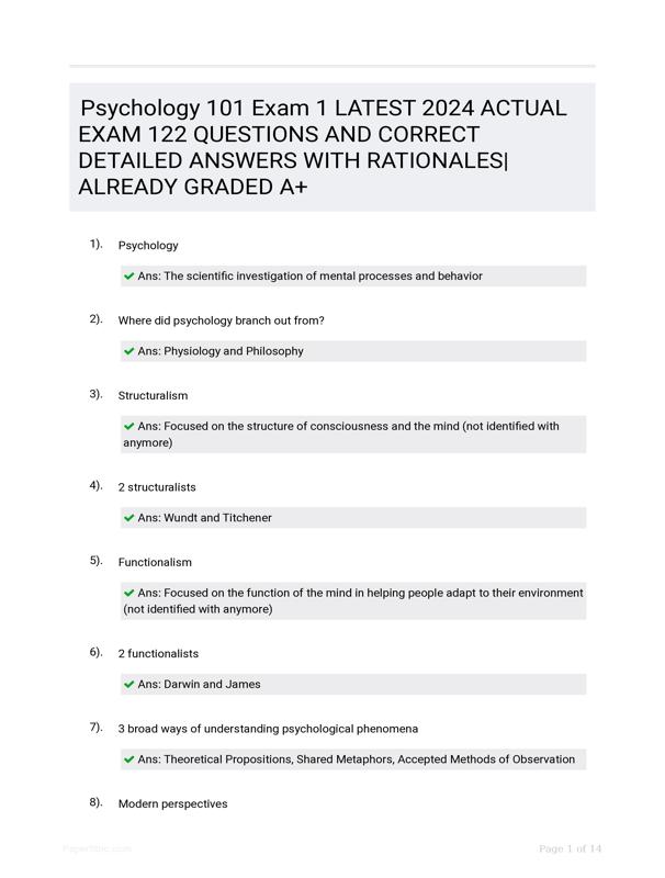 Psychology 101 Exam 1 LATEST 2024 ACTUAL EXAM 122 QUESTIONS AND CORRECT ...