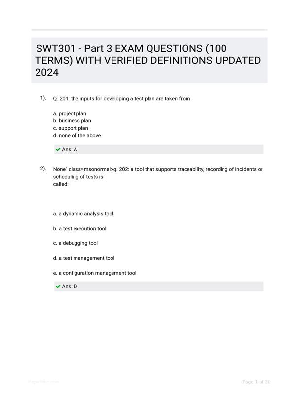SWT301 Part 3 EXAM QUESTIONS (100 TERMS) WITH VERIFIED DEFINITIONS