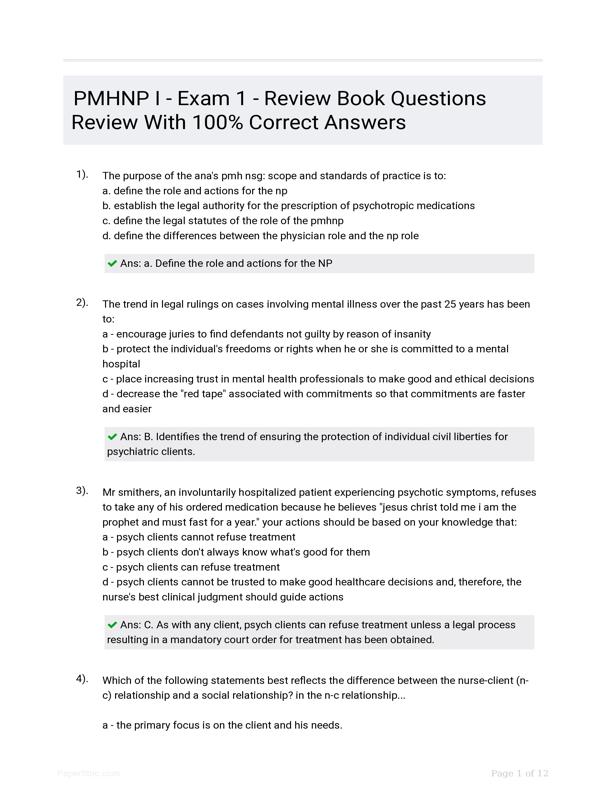 PMHNP I - Exam 1 - Review Book Questions Review With 100% Correct Answers