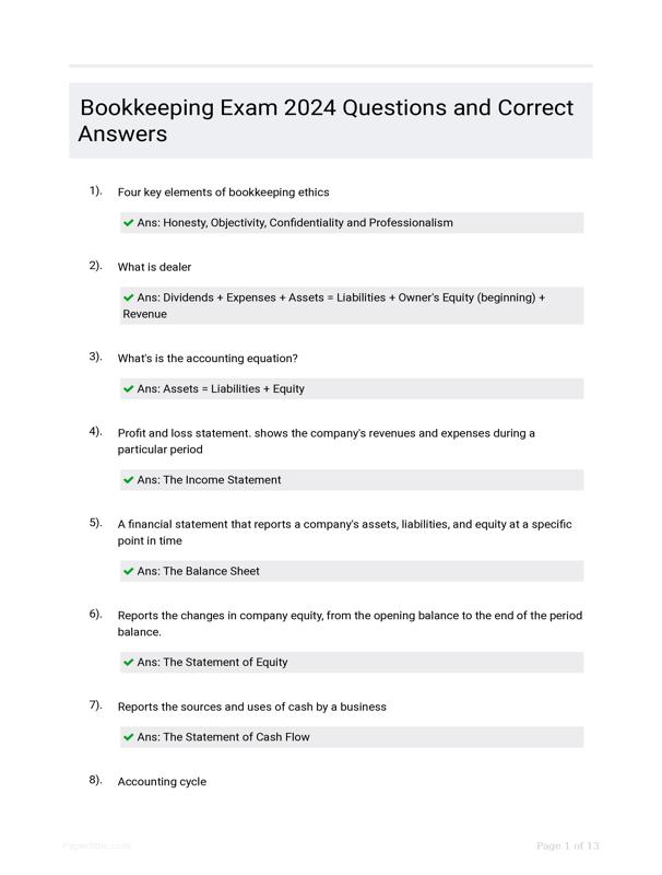 Bookkeeping Exam 2024 Questions And Correct Answers
