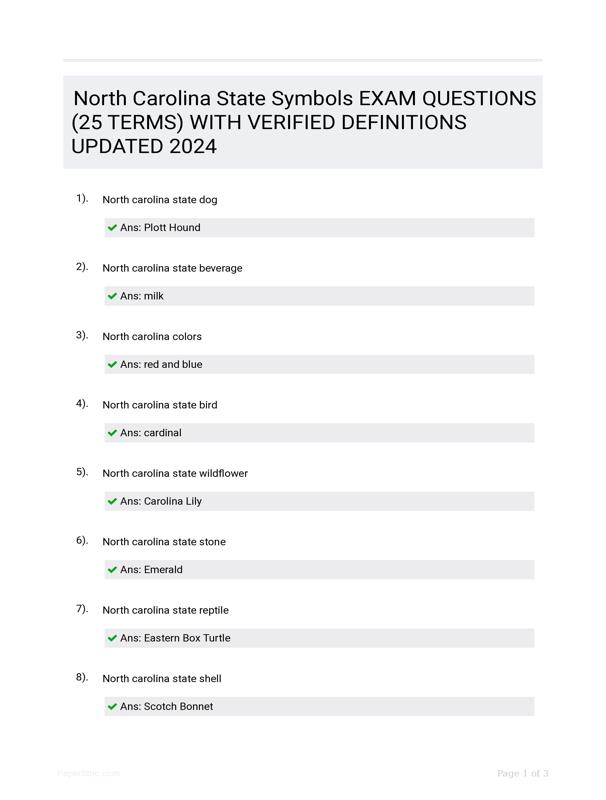 North Carolina State Symbols EXAM QUESTIONS (25 TERMS) WITH VERIFIED