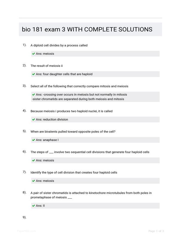 Bio 181 Exam 3 WITH COMPLETE SOLUTIONS