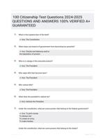 100 Citizenship Test Questions 2024-2025 QUESTIONS AND ANSWERS 100% VERIFIED A+ GUARANTEED