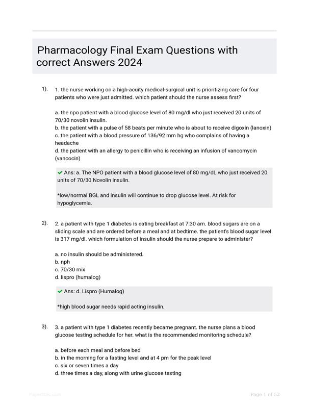 Pharmacology Final Exam Questions With Correct Answers 2024