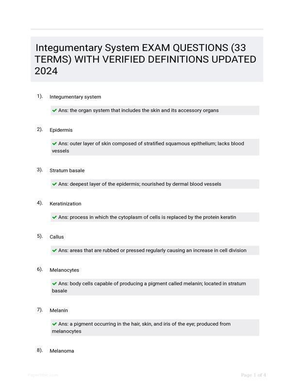 Integumentary System EXAM QUESTIONS (33 TERMS) WITH VERIFIED ...