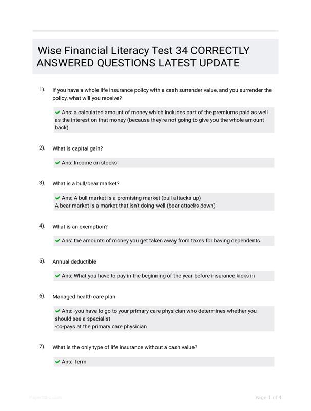 Wise Financial Literacy Test 34 CORRECTLY ANSWERED QUESTIONS LATEST UPDATE