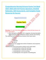 Comprehensive Nursing Entrance Exams Test Bank  20252026 with Full Practice Questions, Detailed  Rationales, Skill Assessme