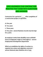 LAW & BUSINESS CSLB CONTRACTORS  PRACTICE TEST EXAM WITH QUESTIONS  AND ANSWERS